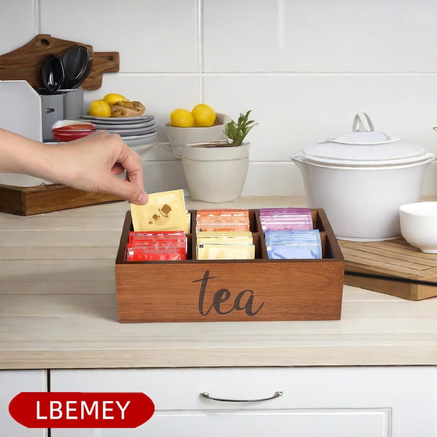 LBEMEY Tea Bag Organizer, Wood Tea Storage Containers with 6 Compartments, Sugar Packet Holder,Tea Bag Caddy Box for Cabinet Countertop Office (Brown-Labeled "Tea")