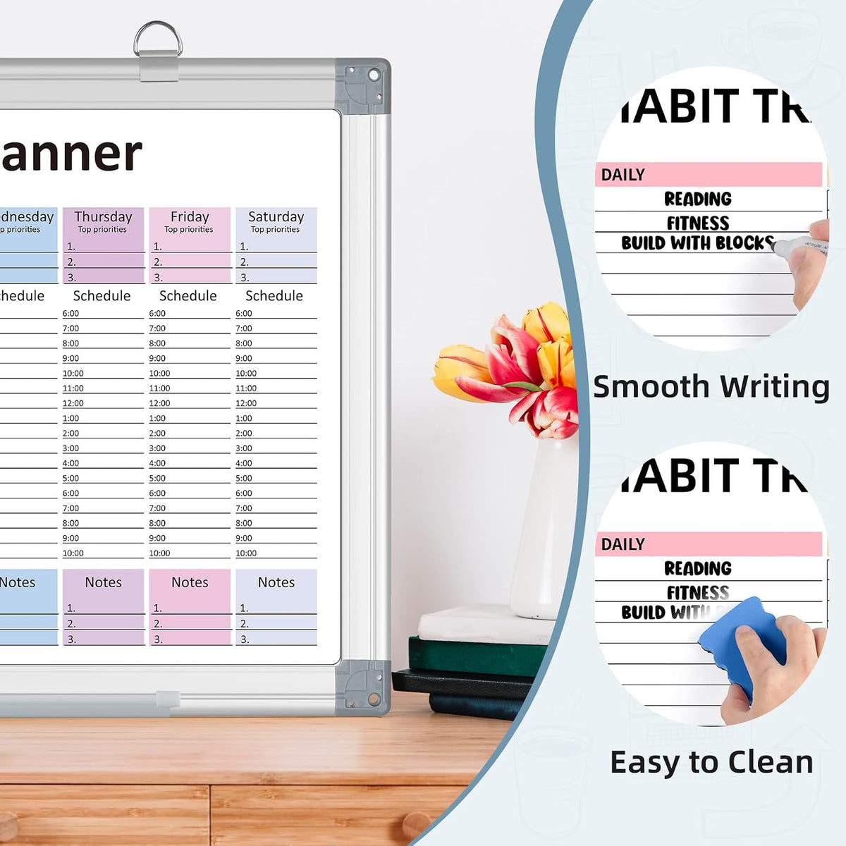 Weekly Hourly Planner Dry Erase Whiteboard with Silver Aluminium Frame for Wall -12" x 16"Hanging Removable Daily Weekly Weekly Planner and Hourly Schedule Checklist (16" x 12")