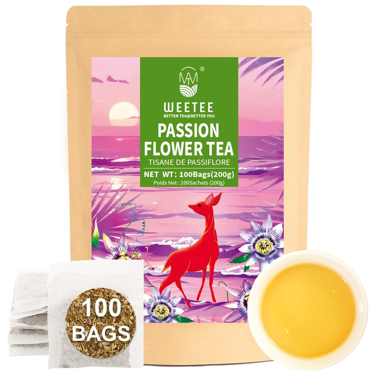 WT WEETEE Passionflower Tea Bags 100ct, Caffeine-Free Herbal Tea for Night