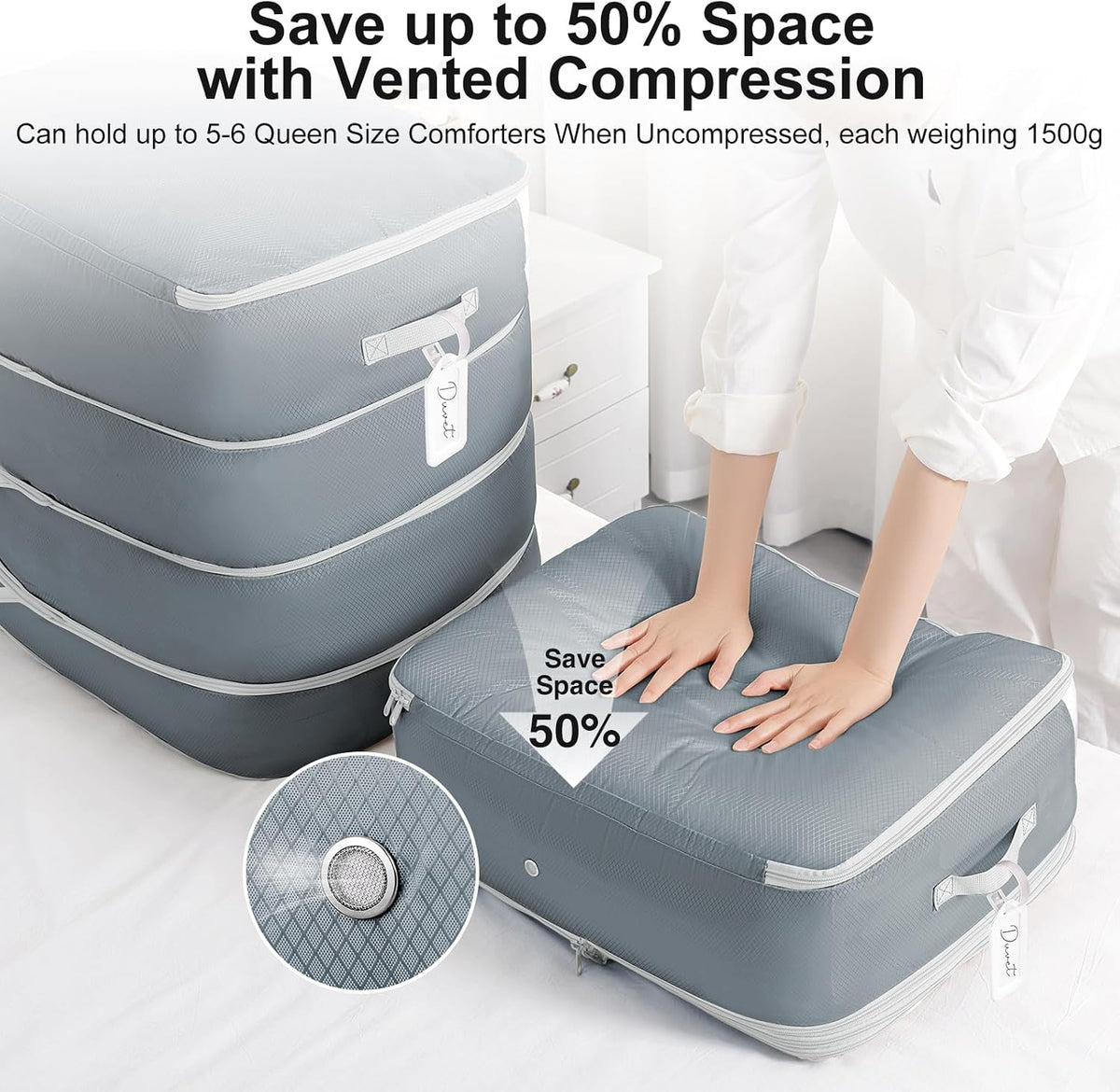 Comforter Storage Bag - 130L Large Capacity Blanket Storage Bags 4-Layer Ultra Space Saving Self Compression Organizer, Washable Compression Bags for Storage Comforter Blanket, Beige