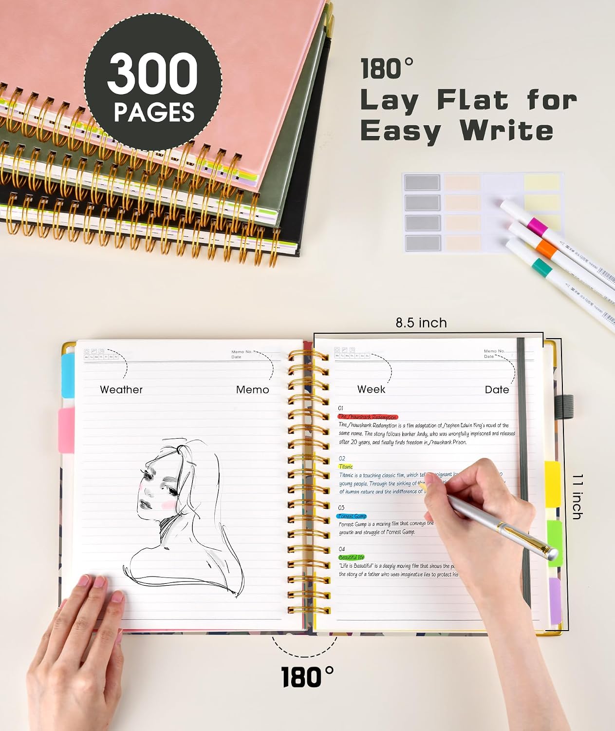 Hardcover Spiral Notebook journal with Removable Dividers Tabs, 300 Pages Leather 5 Subject Notebook College Ruled, 8"x10" Large B5 Notebooks for Work School Note taking, Lined Journal for Women,Black
