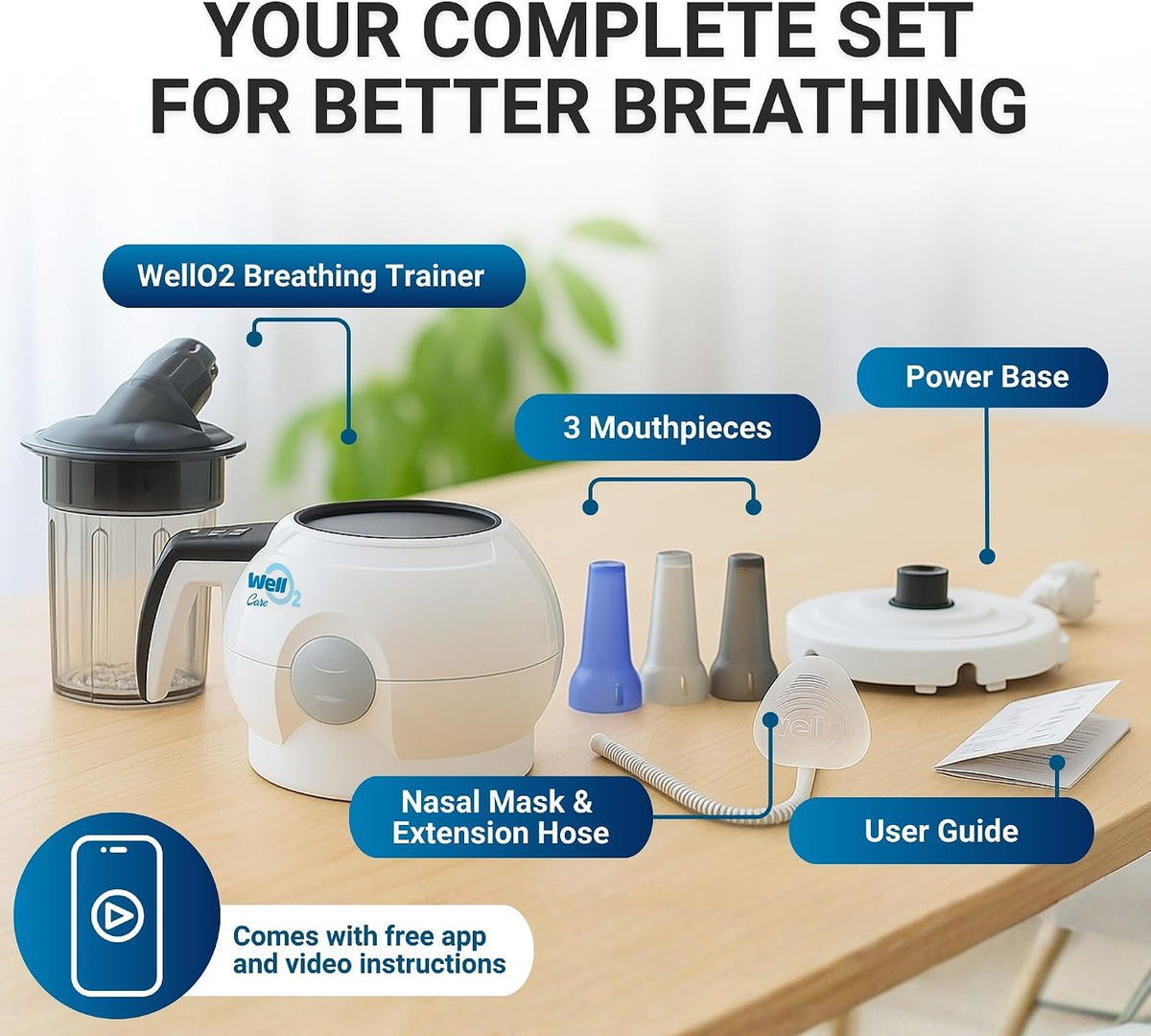 Breathing Trainer | Unique Patented Warm Steam + Adjustable Resistance | Comfortable Breathing Routine | App-Guided Sessions | Complete Breath Trainer Set with 3 Mouthpieces & Nasal Mask