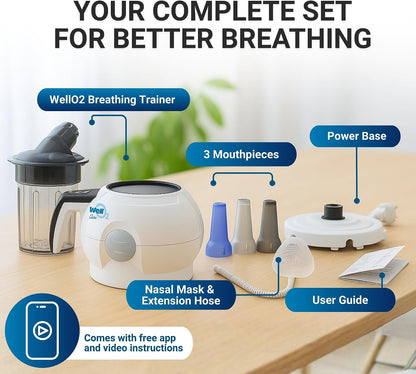 Breathing Trainer | Unique Patented Warm Steam + Adjustable Resistance | Comfortable Breathing Routine | App-Guided Sessions | Complete Breath Trainer Set with 3 Mouthpieces & Nasal Mask