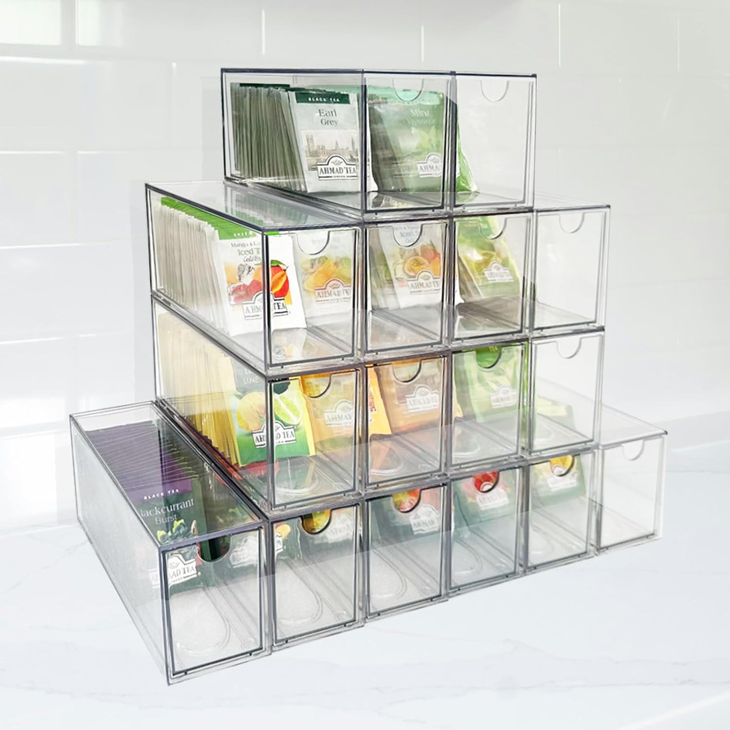 AZEZO 4-Pack Tea Bag Drawers Organizer - 4 Clear Plastic Drawer Tea Bag Holder; Stackable & Portable; Wider Size; Well-Organized Storage for Tea Bags & Kitchen Essentials
