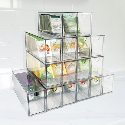 AZEZO 4-Pack Tea Bag Drawers Organizer - 4 Clear Plastic Drawer Tea Bag Holder; Stackable & Portable; Wider Size; Well-Organized Storage for Tea Bags & Kitchen Essentials