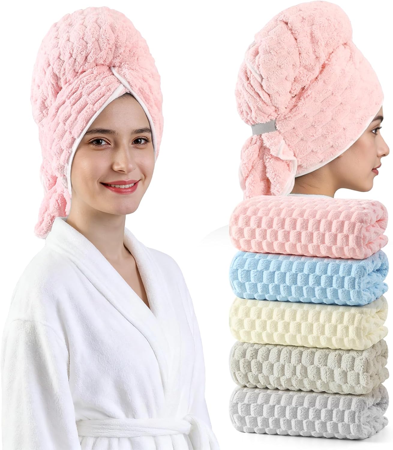 REDKISS 3 Pack Microfiber Hair Towels - Extra Large Hair Towel Wrap for Women, 24x42 inch Hair Towels with Elastic Strap, Super Soft Hair Drying Towels for Long, Thick, Curly Anti Frizz Turbans