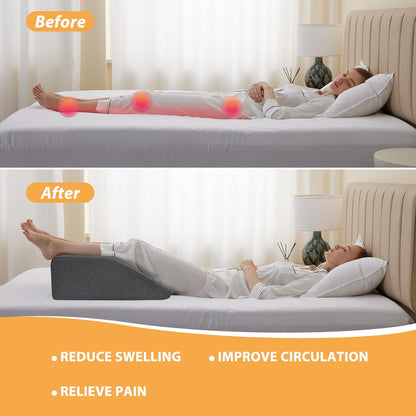 Bedluxe Leg Pillow Elevation Blood Circulation, Wedge Pillow for Legs Swelling, Leg Elevating Wedge Pillow for After Surgery, Foot Knee Pillow for Leg Rest, Sleeping, Memory Foam Top, 8in, White/Grey