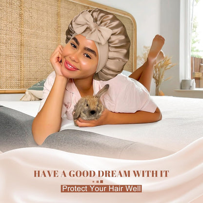 Satin Bonnet for Sleeping Cap Double Layer Hair Bonnet with Elastic Tie Band for Curly Hair Night Cap (Bean Paste + Pink)