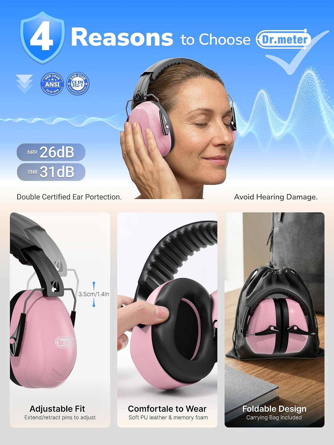 Dr.meter Ear Protection Ear Muffs, Noise Cancelling Headphones for Adults Kids 31dB Earmuffs for Noise Reduction, Hearing Protection for Shooting Gun Range, Mowing, Monster Jam, Sensory, Fireworks