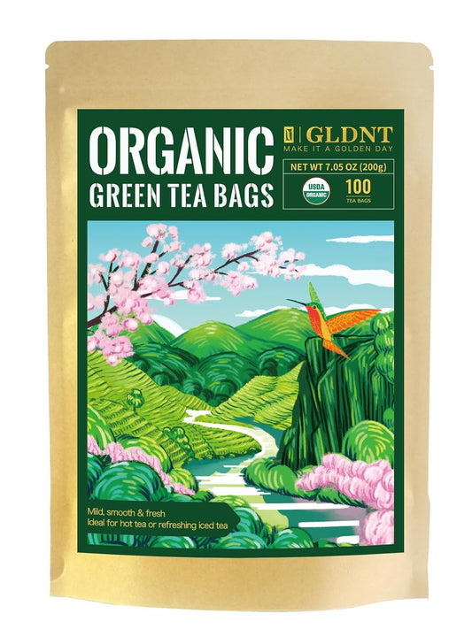 GLDNT Organic Green Tea Bags, Natural Organic Green Tea, Caffeinated, 100ct