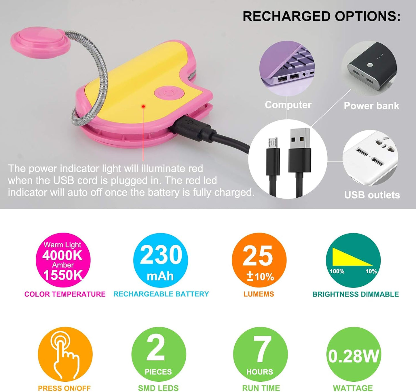 BIGMONAT Rechargeable Reading Light for Kids,Small Amber Book Light,Multi Colors Portable LED Reading Lamp with 361° Rotary Light Neck,Wireless Clip Reading Light for Books (White)