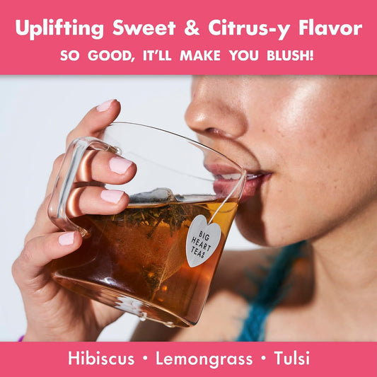 Big Heart Tea Co. Tea Bags - Blushing Pink Hibiscus - Certified Organic, Naturally Sweet Ayurvedic Herbal Decaf Tea with Small Batch Ground Herbs - Adaptogenic Tulsi and Lemongrass, 20 Tea Bags