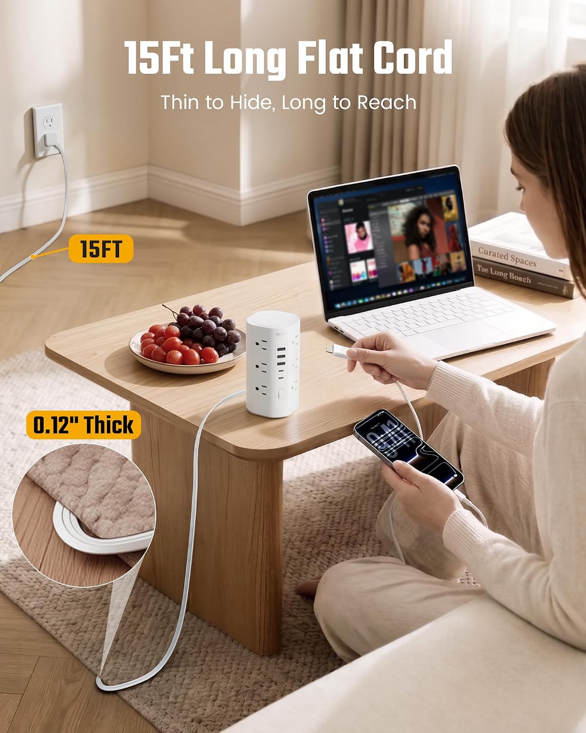 10Ft Tower Power Strip, Long Extension Cord, Flat Plug, 1700J, 12 AC 5 USB