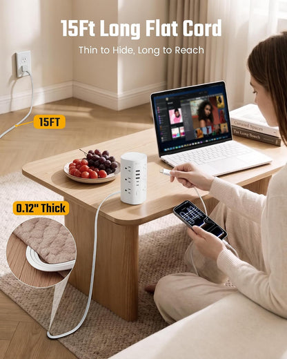 10Ft Tower Power Strip, Long Extension Cord, Flat Plug, 1700J, 12 AC 5 USB
