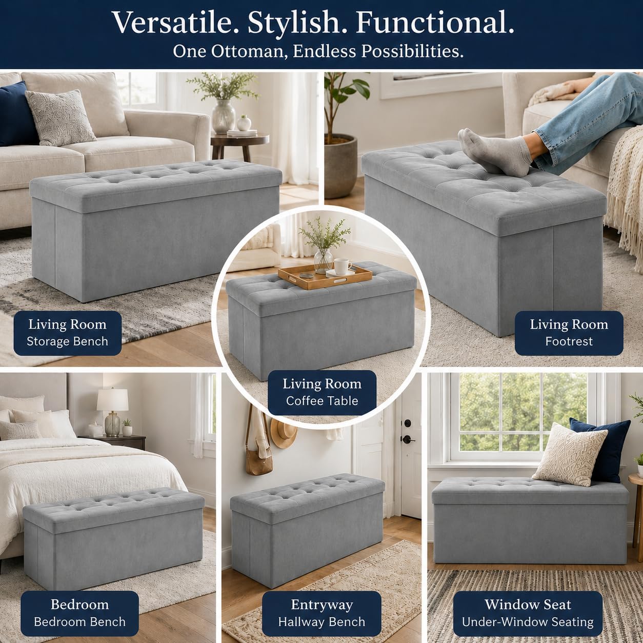 ALASDO Storage Ottoman Footrest Stool Small Ottoman with Storage Foldable Ottomans Foot Rest Footstool Bench for Living Room 17x13x13inches Grey