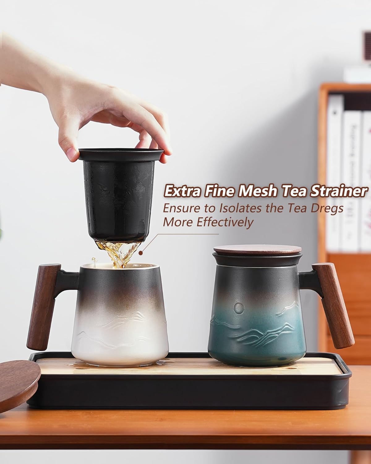 ZENS Embossed Ceramic Tea Mug with Infuser and Lid, 14.5 oz Wooden Handle, Loose Leaf Tea Steeper Cup & Strainer for Tea Lovers Gifts