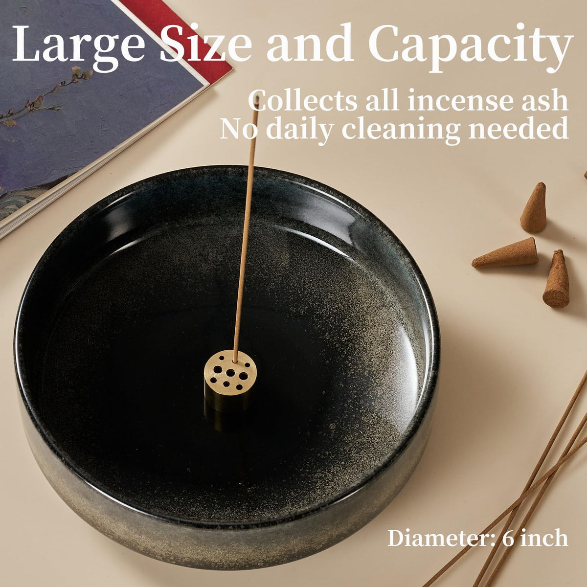6" Ceramic Incense Holder for Sticks with 10 Holes,5in1 Handmade Flambé Glaze Incense Burner Bowl Ash Catcher for Stick,Coil,Cone,Sage,Palo Santo,Candle - Ideal for Yoga Spa Meditation Home Décor