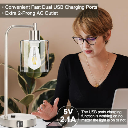 Set of 2 Industrial Touch Control Table Lamps with USB C+A Ports and AC Outlet - 3-Way Dimmable Black Bedside Lamps Nightstand Desk Lamps for Bedroom Living Room, Glass Shade & 2 LED Bulbs Included