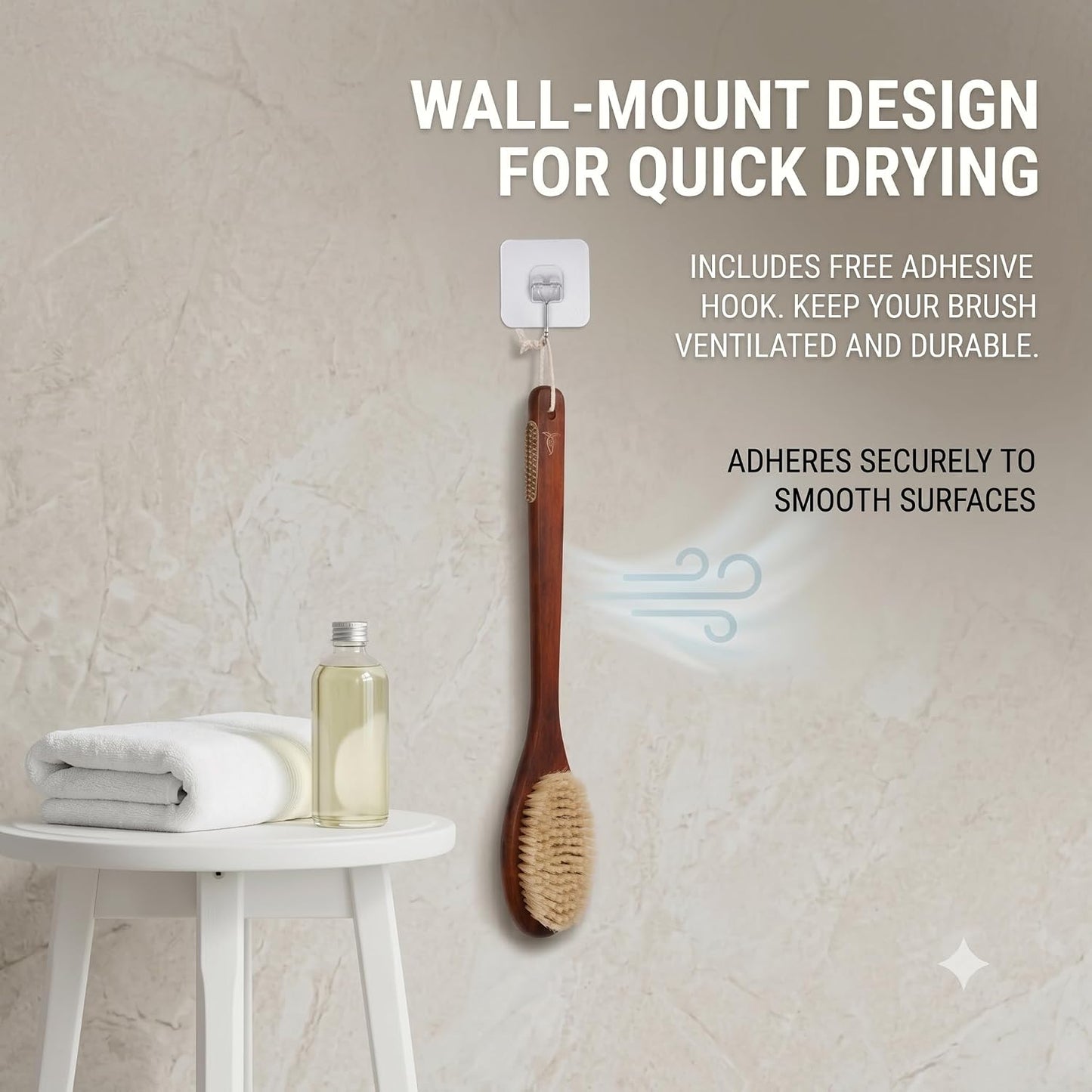 Wooden Bath Brush with Stiff Sisal Bristles Long Handle for Shower Back Scrubber Body Exfoliator, with Hook for Hanging (Stiff Sisal Hair)