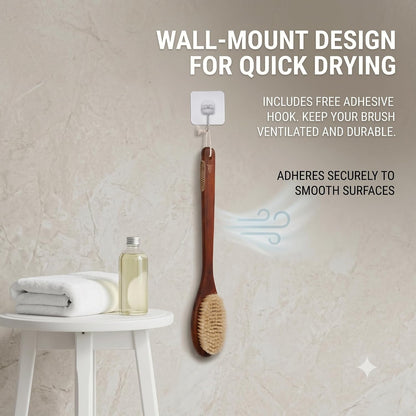 Wooden Bath Brush with Stiff Sisal Bristles Long Handle for Shower Back Scrubber Body Exfoliator, with Hook for Hanging (Stiff Sisal Hair)