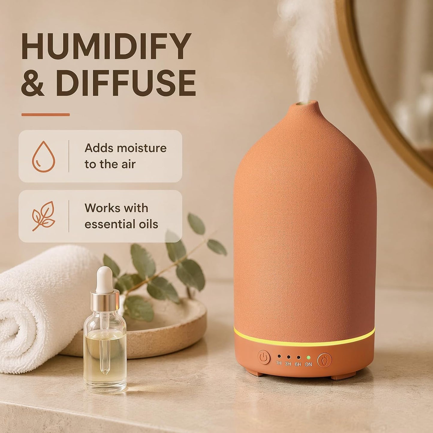 Gooamp 200ML Ceramic Essential Oil Diffuser for Home - Ultrasonic Aromatherapy Diffuser Humidifier with 7 Color LED Lights, Auto Shut-Off, 3 Timers for Bedroom, Office, Yoga, Black
