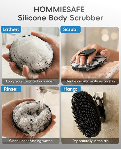 2 Pack Soft Silicone Shower Brush, Body & Face & Short Hair Wash, Bath Exfoliating Skin Massage Scrubber, Dry Skin Brushing Glove Loofah, Fit for Sensitive and All Kinds of Skin (PeonyPink+Green)