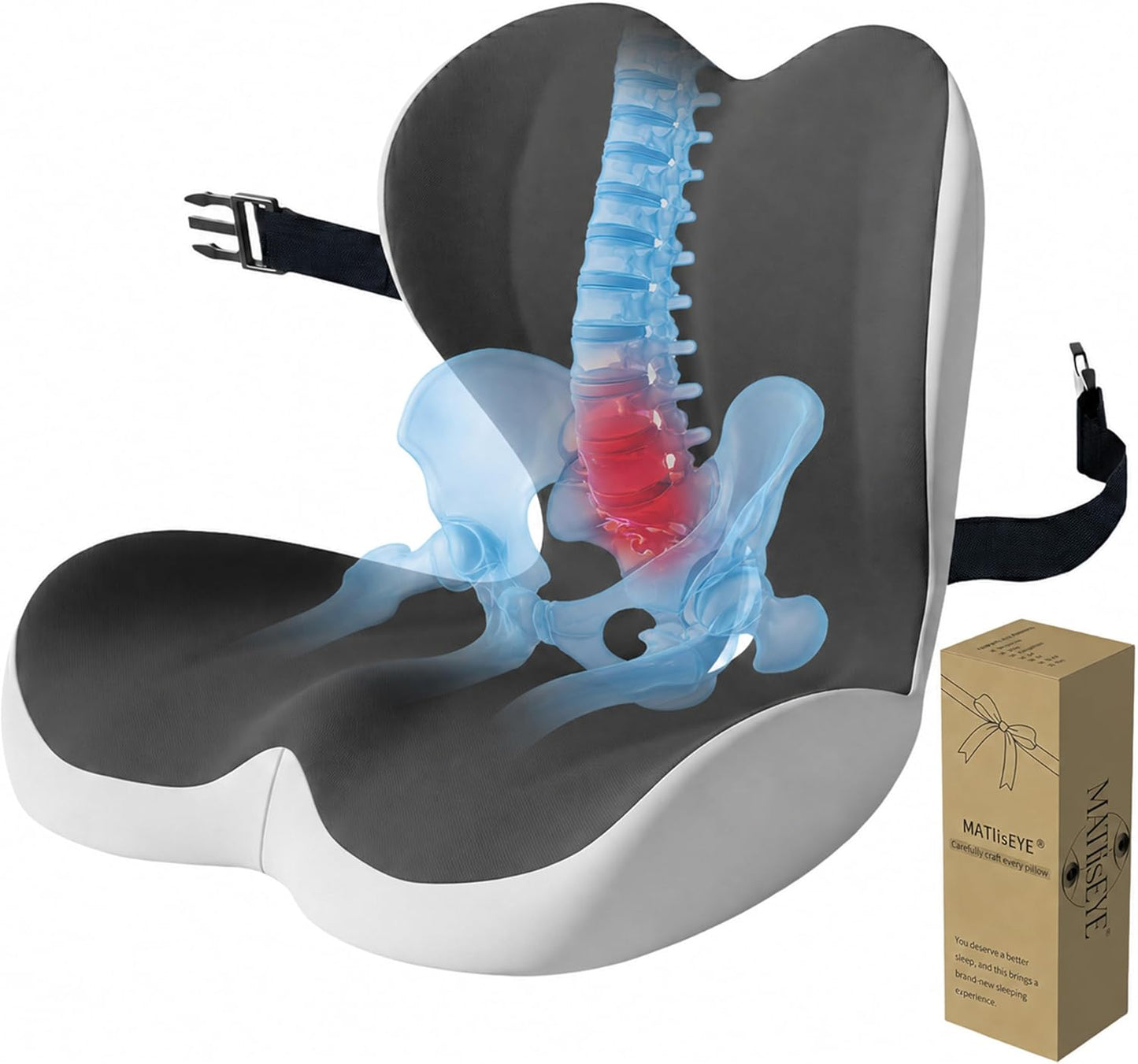 2026 Upgraded Orthopedic Memory Foam Seat Cushion with Adjustable Strap, Coccyx & Sciatica Pain Relief, Washable Non-Slip, Ergonomic Support for Office Chair, Car & Wheelchair (Dark Grey)