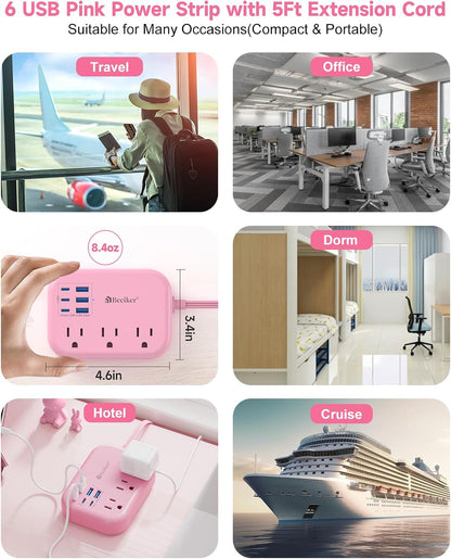 6 USB(3 USB C) Power Strip- Travel Power Strip with 6 USB Desktop Charging Station 24W/4.8A and 3 Outlets, 5Ft Flat Plug Braided Extension Cord, Non Surge Protector for Cruise Ship Travel Office Dorm