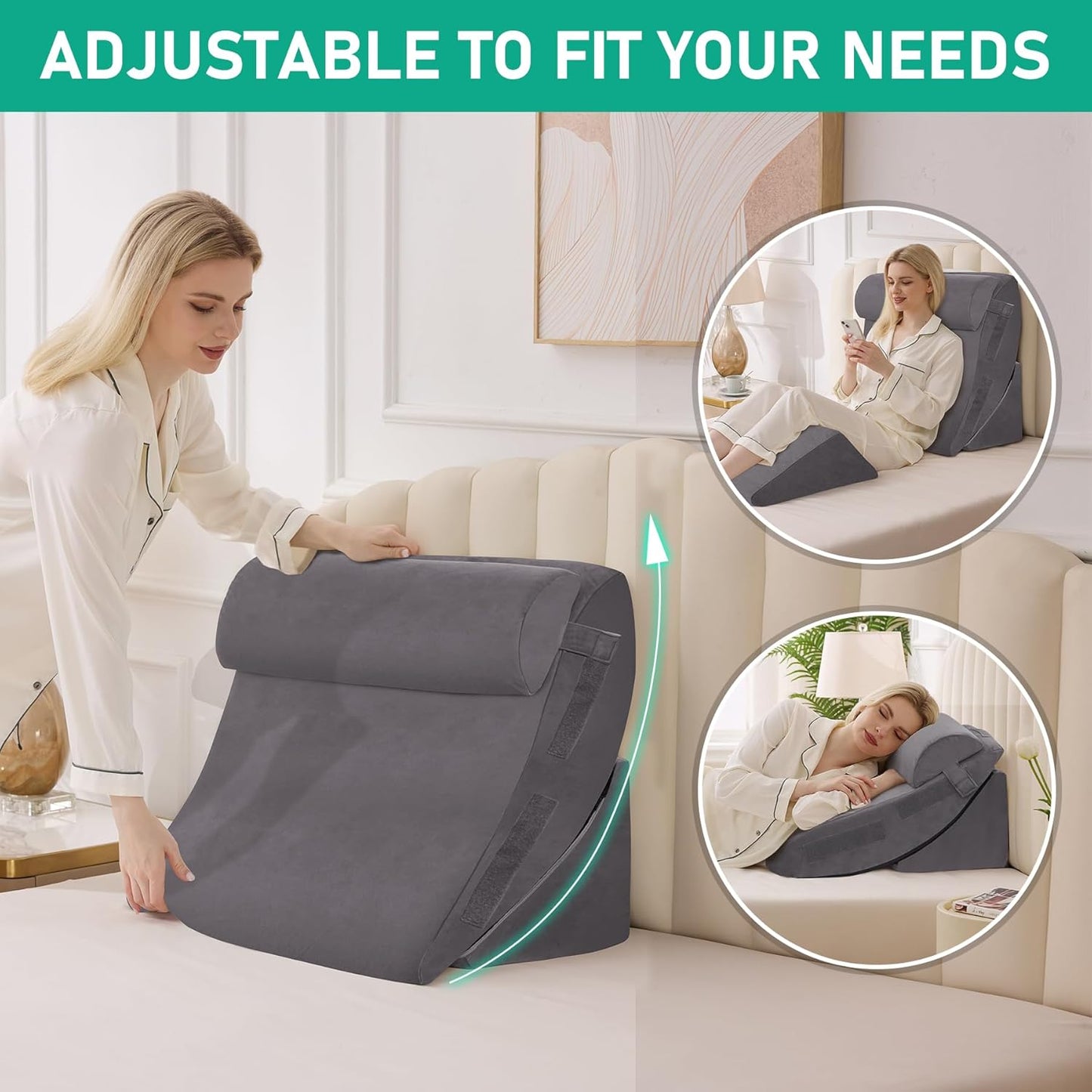 4PCS Wedge Pillow Set for After Surgery, Orthopedic Bed Wedge Pillow for Back Pain Relief, Sitting Up in Bed, Acid Reflux, Adjustable Post Surgery Pillows for GERD, Snoring, White/Grey