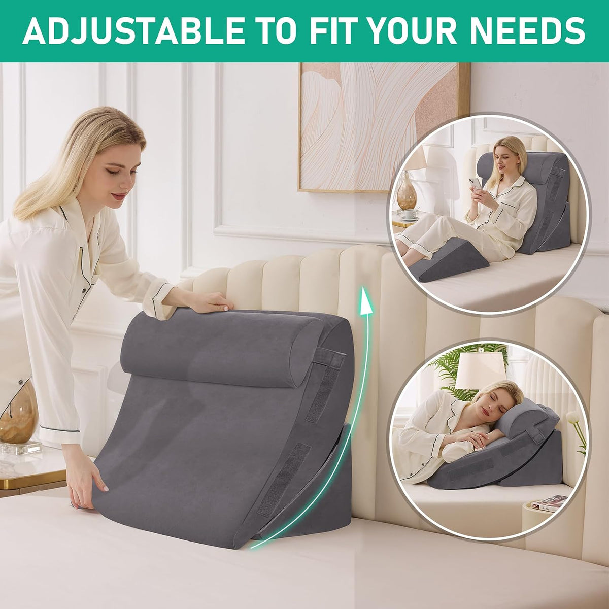 4PCS Wedge Pillow Set for After Surgery, White/Grey
