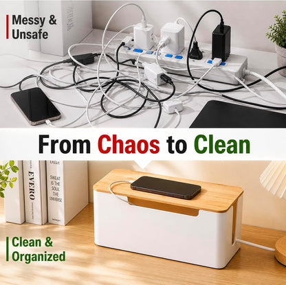 [Set of 2] Wood Cover Cable Management Box Set, Wire Ties Included to Organize Desk Cord Cables, Hide TV Computer Wires, Power Strips, USB Hub to Make Your Home, Office Neat and Clean (White)