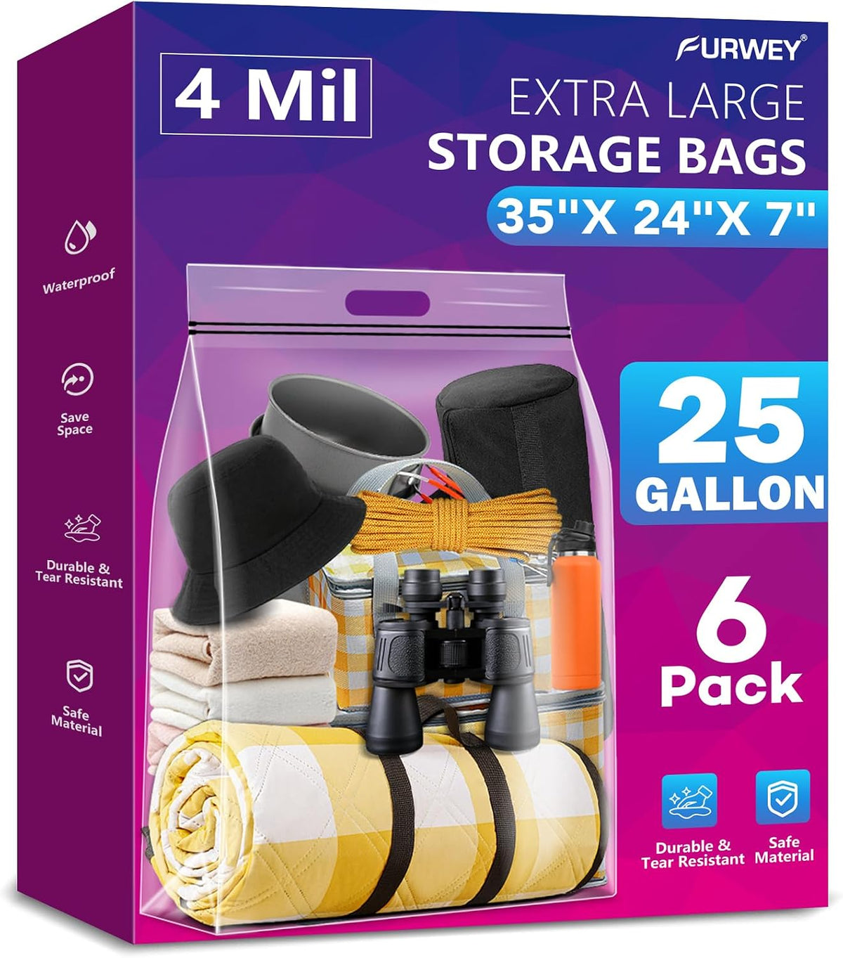 FURWEY 25 Gallon Storage Bags,35x24,Clear Resealable,Heavy Duty 4 Mil