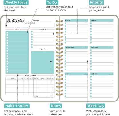 Taja Undated Weekly Planner, Weekly To Do List Notebook with Goal & Habit Tracker Organizer, A5 Weekly Planner Notebook with Spiral Binding, 6.1" x 8.2" - Green