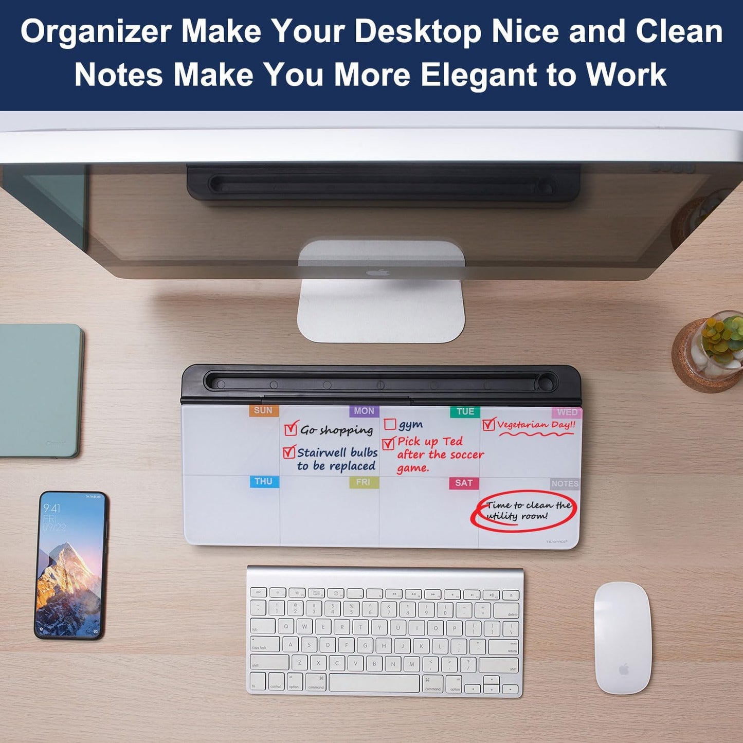 TSJ OFFICE Whiteboard Weekly Dry-Erase-Board - Desktop White Board Calendar Desk Organizers with Accessories Computer Keyboard Stand with Drawer, for Office, Home, School Supplies - White Calendar