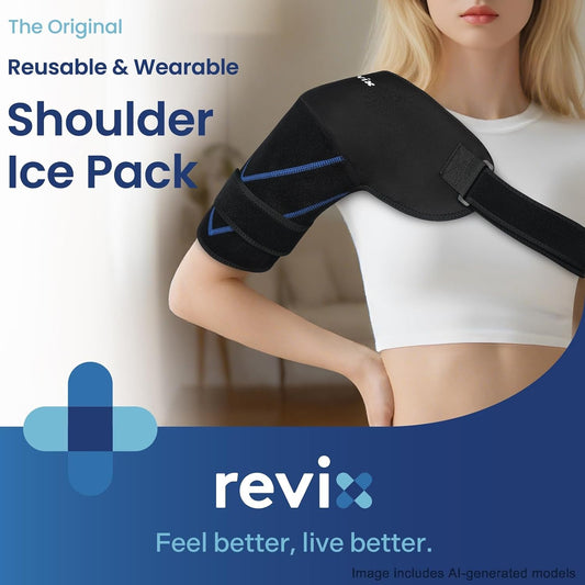 REVIX Large Shoulder Ice Pack Wrap, 2 Gel Packs+1 Shoulder Brace for Rotator Cuff and Arm, Reusable Gel Cold Therapy Wrap for Discomfort Relief & Muscle Relaxation, Easy to Wear & Remove