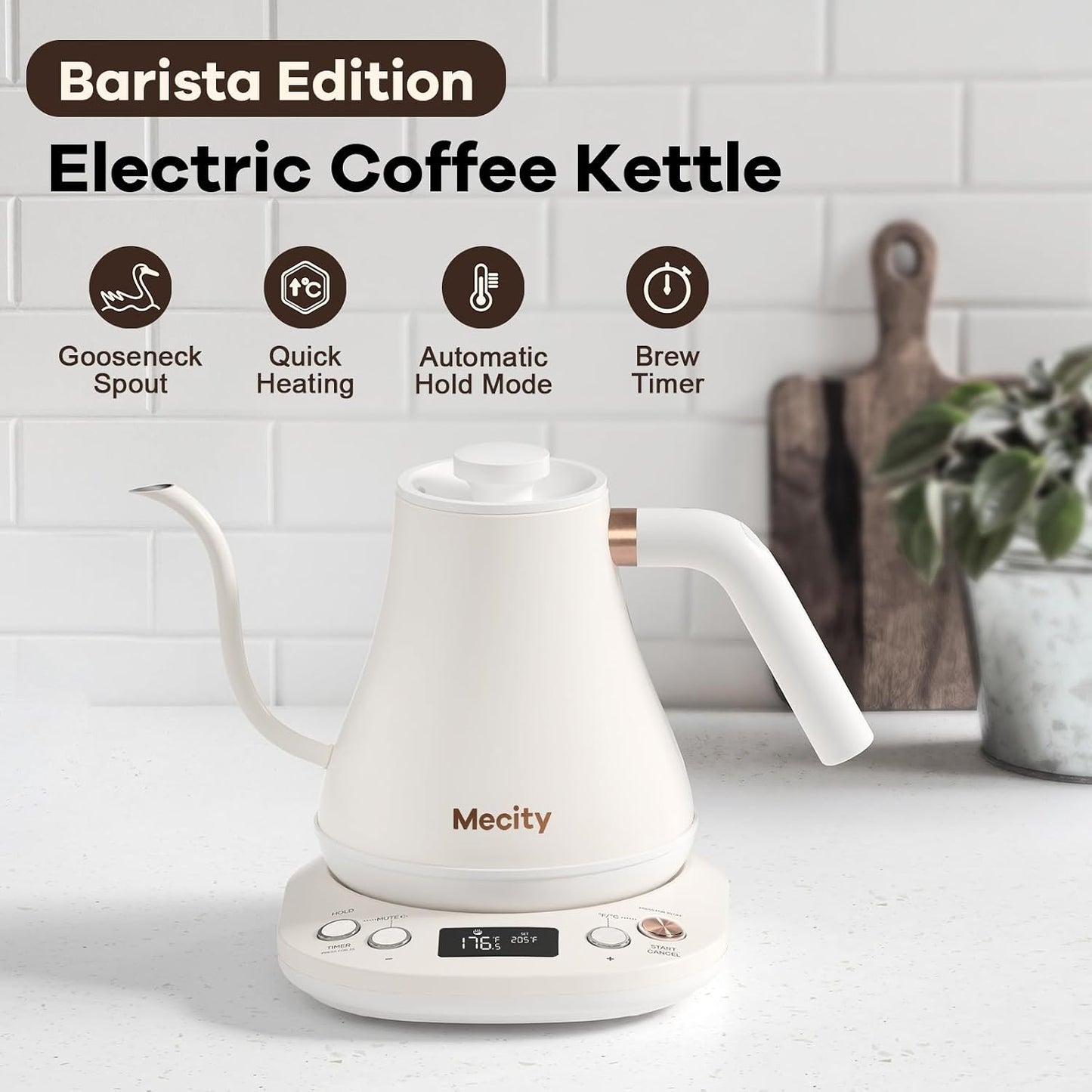 Mecity Electric Gooseneck Kettle With LCD Display Automatic Shut Off Retro Coffee Kettle Temperature Control Hot Water Boiler to Pour Over Tea, 1200 Watt Quick Heating Tea Pot, 0.8L, Stainless Steel