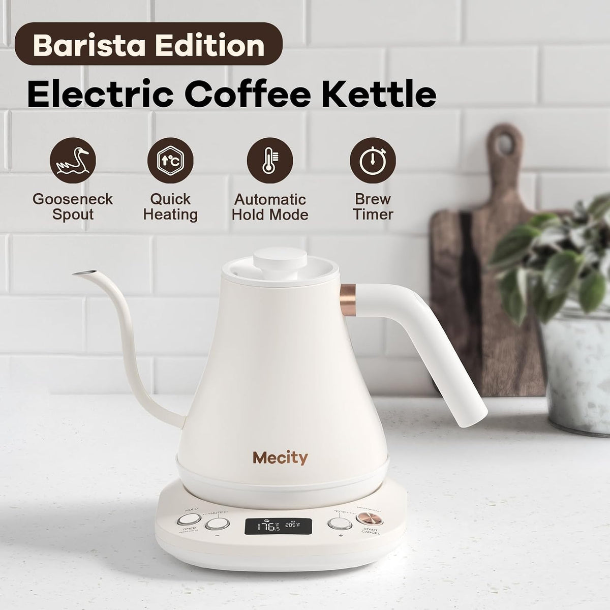 Mecity Electric Gooseneck Kettle With LCD Display Automatic Shut Off Retro Coffee Kettle Temperature Control Hot Water Boiler to Pour Over Tea, 1200 Watt Quick Heating Tea Pot, 0.8L, Stainless Steel