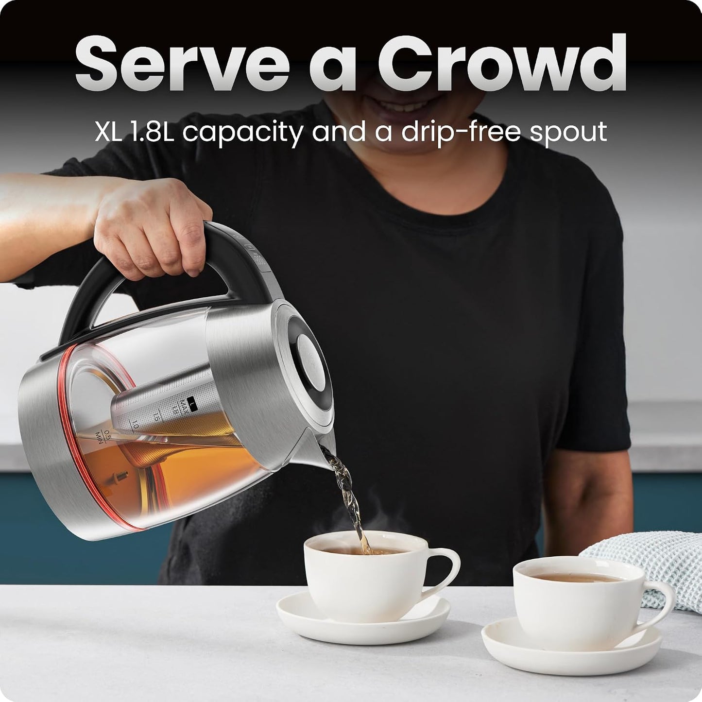 CHEFMAN Electric Kettle - 1.2L 1500W Hot Water Tea Pot with Infuser, BPA Free, Auto Shut Off, Boil-Dry Protection, Removable Lid, LED Light, Cordless Glass Electric Tea Kettle – Stainless Steel