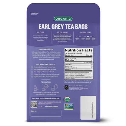 FGO Organic Earl Grey Black Tea, 100 Count, Eco-Conscious Tea Bags, Resealable Bag, Packaging May Vary (Pack of 1)