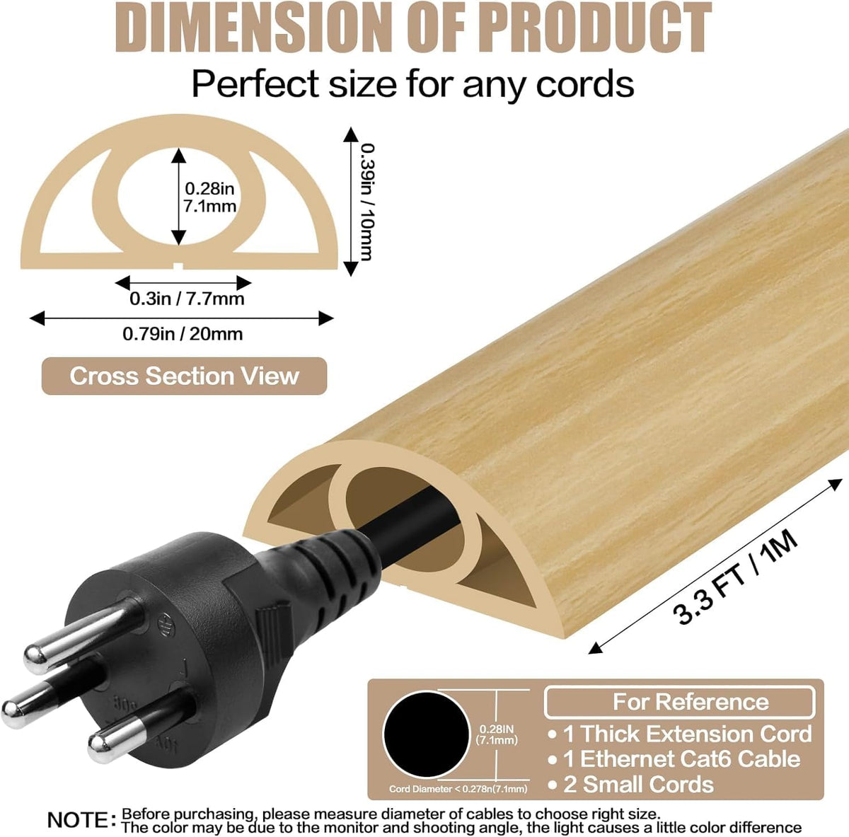 Floor Cord Cover Self Adhesive Cord Hider,10FT Cable Management, Extension Strip Protector for Wires, Prevent Cable Trips for Offices, Gyms, Exhibitions Cavity 0.39"(W) x 0.27"(H) BrownWood