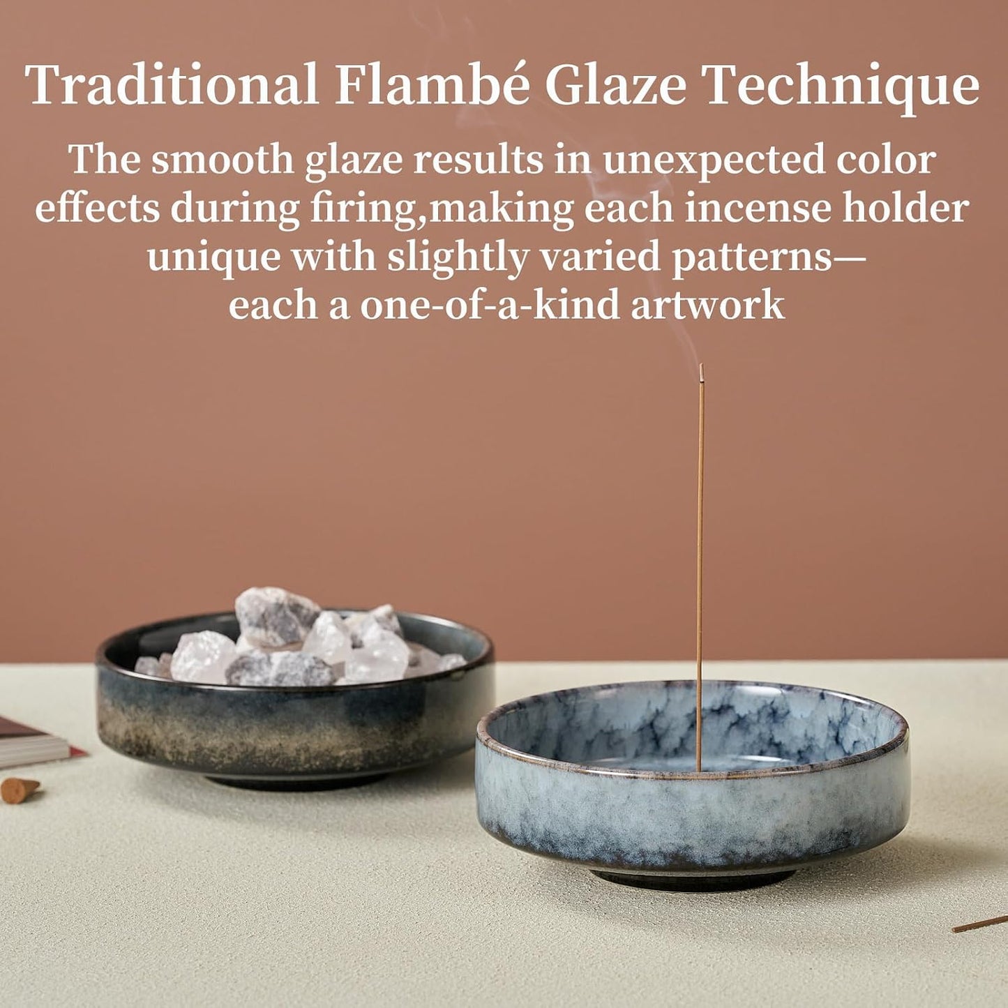 6" Ceramic Incense Holder for Sticks with 10 Holes,5in1 Handmade Flambé Glaze Incense Burner Bowl Ash Catcher for Stick,Coil,Cone,Sage,Palo Santo,Candle - Ideal for Yoga Spa Meditation Home Décor