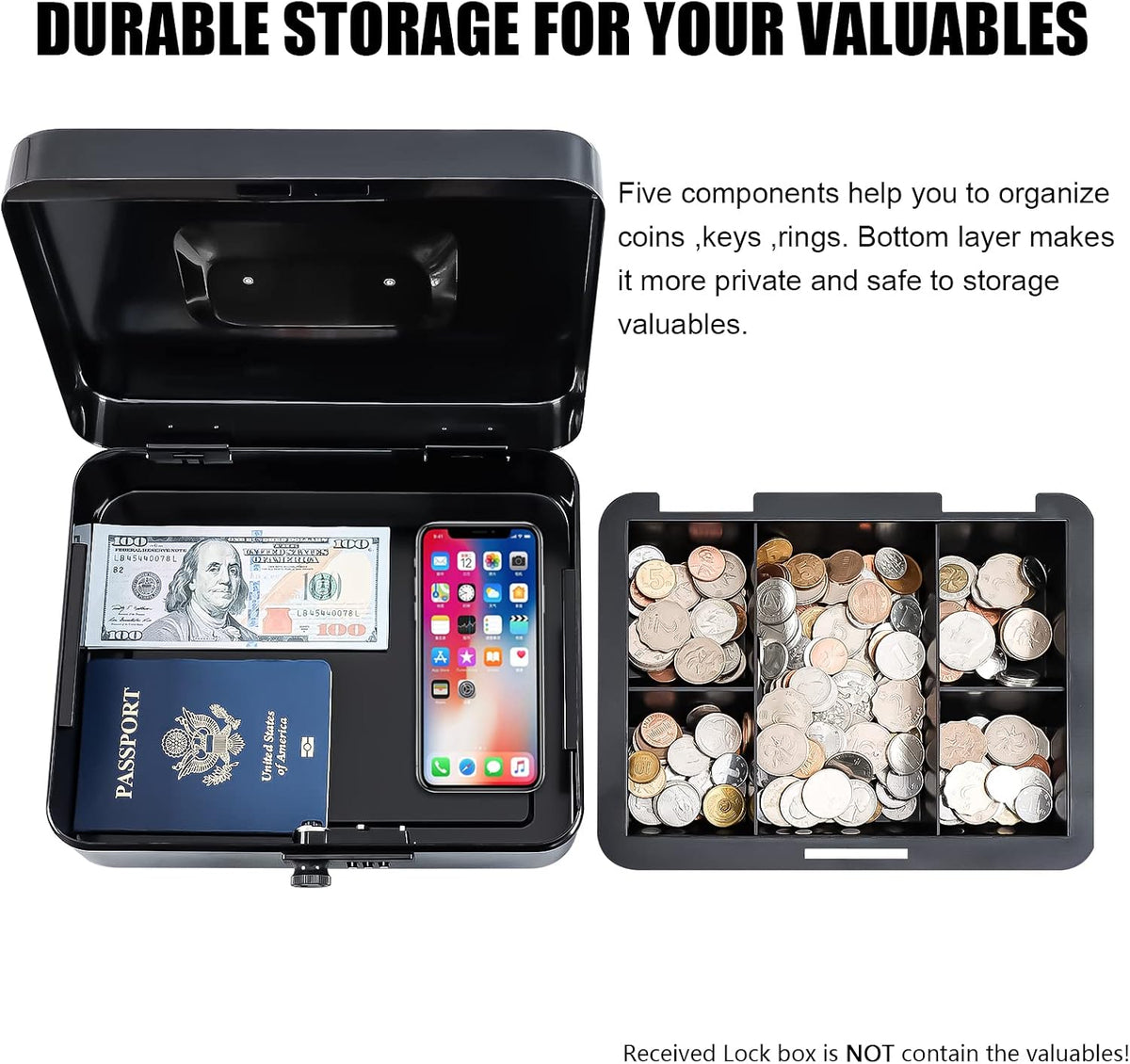 KYODOLED Small Cash Box with Combination Lock & Removable Money Tray, Black