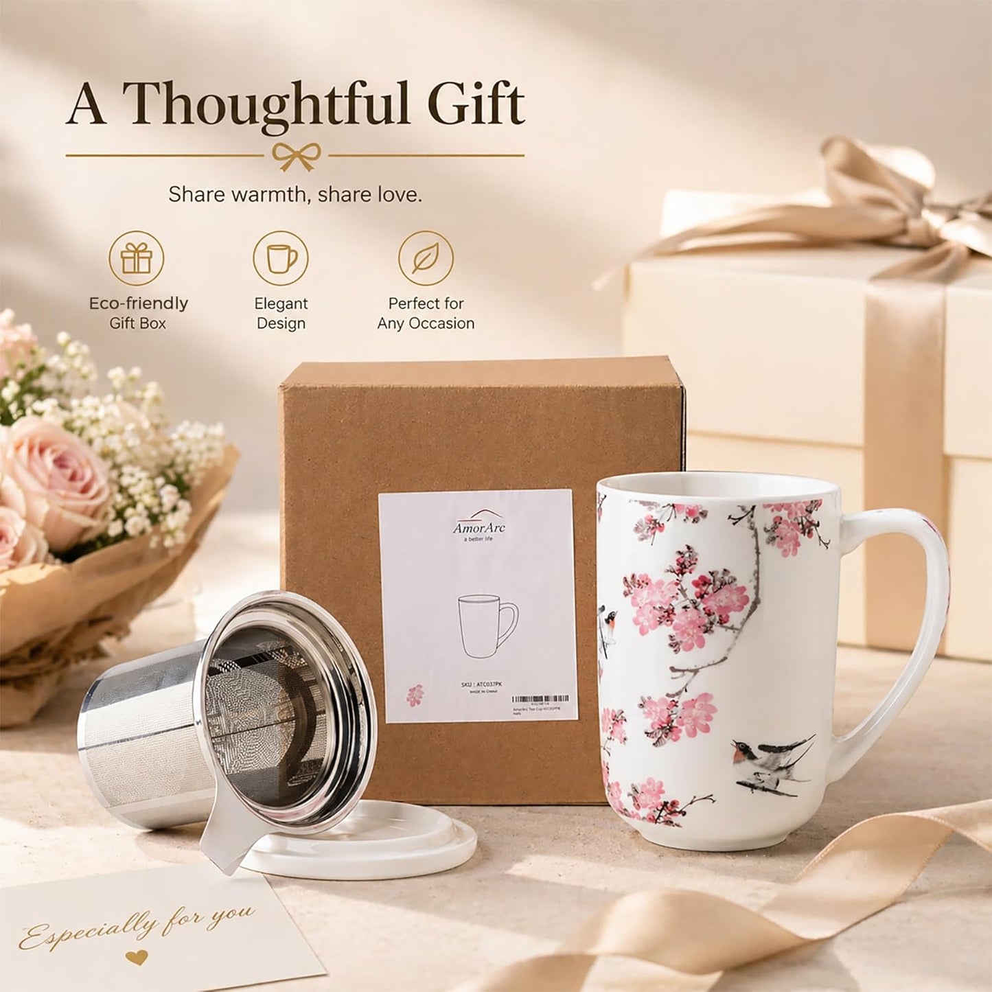 AmorArc Porcelain Tea Mug with Infuser and Lids, 18 Oz Large Cup Strainer with Bag Holder for Loose Leaf Tea, Steeping Coffee Mug for House-warming Wedding Birthday Gift