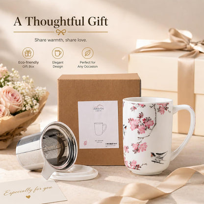 AmorArc Porcelain Tea Mug with Infuser and Lids, 18 Oz Large Cup Strainer with Bag Holder for Loose Leaf Tea, Steeping Coffee Mug for House-warming Wedding Birthday Gift