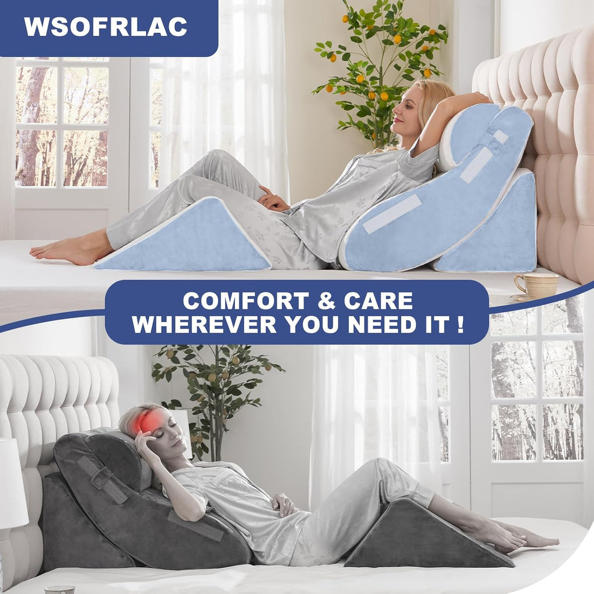 4PCS Orthopedic Bed Wedge Pillow Set for Sleeping, Post Surgery Foam Support Pillows for Back, Neck and Leg Pain Relief, Adjustable Triangle Pillow – Acid Reflux, GERD & Snoring Recovery, White Grey