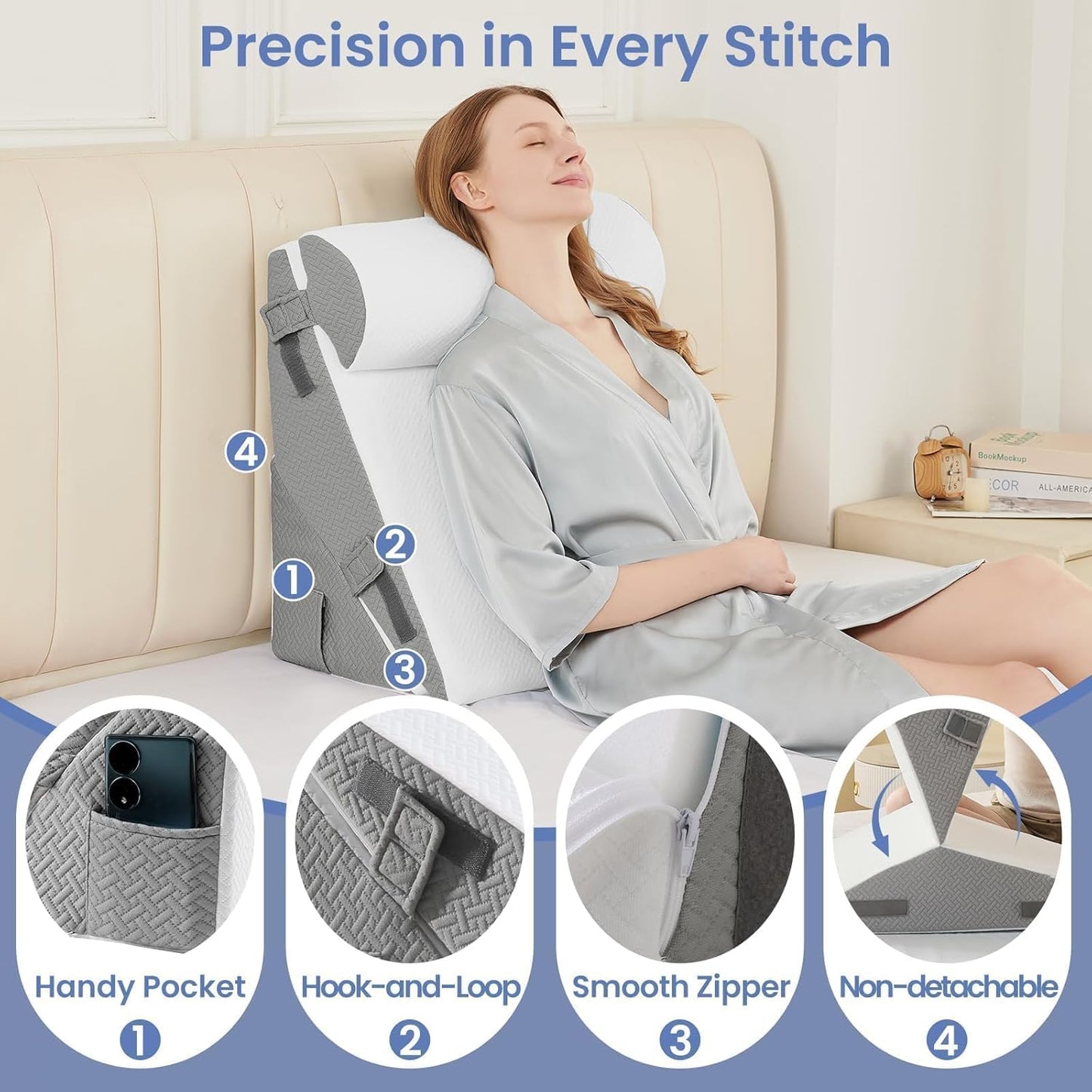 Sasttie Wedge Pillow Set for After Surgery, 2PCS Adjustable Bed Wedge Pillow Headboard with Memory Foam Neck Cushion – for Acid Reflux, Sleeping, Neck & Back Support, Dark Grey & White