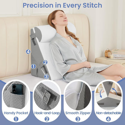 Sasttie Wedge Pillow Set for After Surgery, 2PCS Adjustable Bed Wedge Pillow Headboard with Memory Foam Neck Cushion – for Acid Reflux, Sleeping, Neck & Back Support, Dark Grey & White