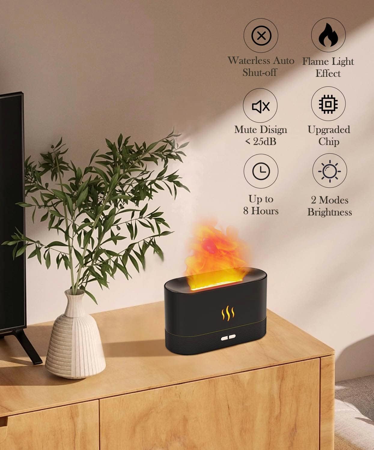 Aegci Flame Air Diffuser Humidifier, 180ML Essential Oil Diffuser with Fire Mist Effect, Ultrasonic Aroma Diffuser, 2 Brightness Modes, Auto-Off, for Bedroom Home Office(Black)