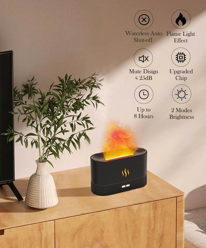 Aegci Flame Air Diffuser Humidifier, 180ML Essential Oil Diffuser with Fire Mist Effect, Ultrasonic Aroma Diffuser, 2 Brightness Modes, Auto-Off, for Bedroom Home Office(Black)