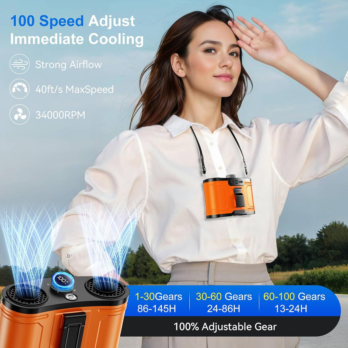 12000MAh Portable Waist Fan, 100 Speeds 17000RPM Strong Airflow, Belt Fan with up to 45H of Working Time, Flashlight Hands-Free Hanging Neck Fans,Rechargeable Wearable Personal Fans for Outdoor